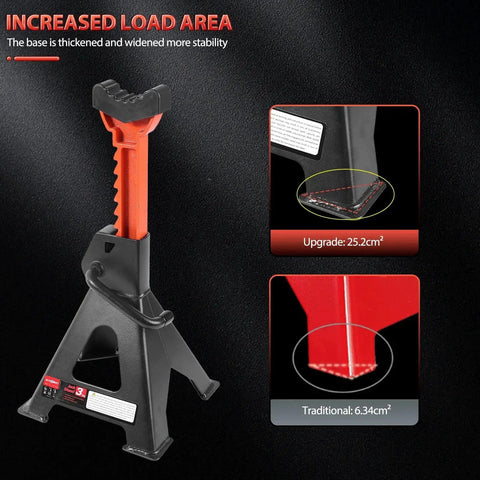 3 Ton Heavy Duty Car Jack Stands With Double Locking Adjustable 11.22-16.54 in showing upgraded base and load area
