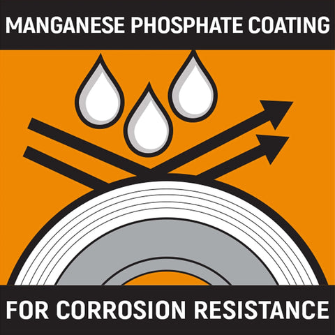 Graphic of manganese phosphate coating for corrosion resistance with water droplets and arrows on orange and black background.