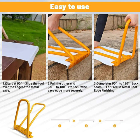 HTSL25E2 Roof Eaves Seam Bender demonstrating 90 to 180 degree fold for metal roofing edge finishing, yellow tool in use