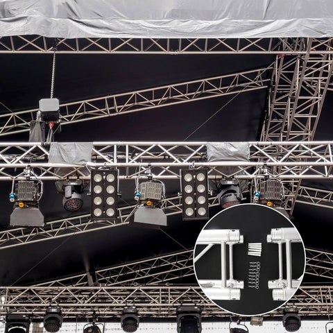 Stage truss system with lighting and inset of 30 Piece Cotter Pins And R Clip Assortment Kit With Heavy Duty Hitch Pins for trailers.