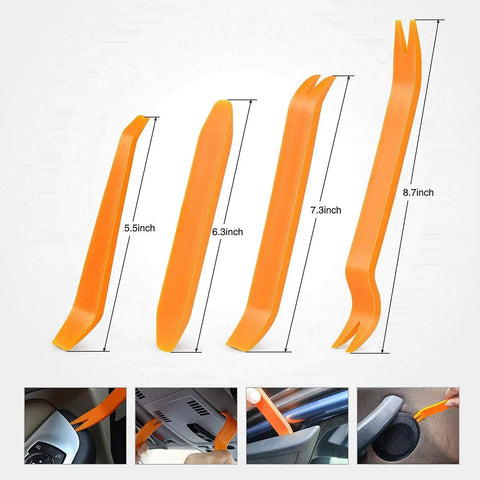 Set of orange plastic trim removal tools with lengths, used in Car Bumper Retainer Clips Kit 240Pcs 12 Sizes Push Pin Rivets For Trim Fender