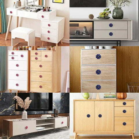 Furniture with 4 Pack Vintage Iron Valve Cabinet Knobs And Pulls, Disc Shaped Handles in Red, Installed on Various Cabinets and Drawers