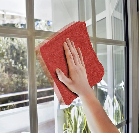 Red Linen Cotton Shop Towels Pack Of 150, 14 By 14 Inches Absorbent Cleaning Rags For Auto Shops, Garages, Industrial Jobs, And Home Use, Reusable Washable Multipurpose Lint Free being used to clean a window