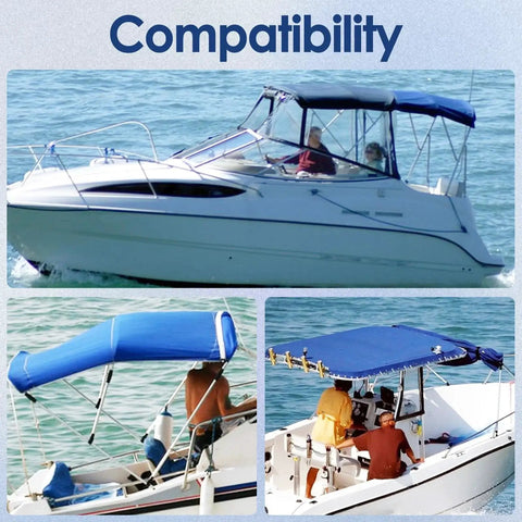 Bimini top replacement poles on boat; three views of white motorboat with blue canopy and aluminum frame.