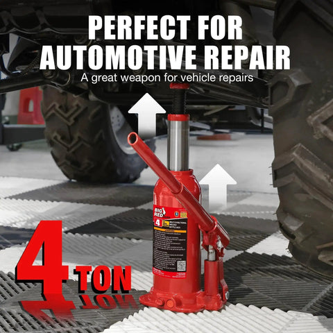 Big Red Hydraulic Bottle Jack With Carrying Case 4 Ton Capacity 8000 Lbs lifting a vehicle