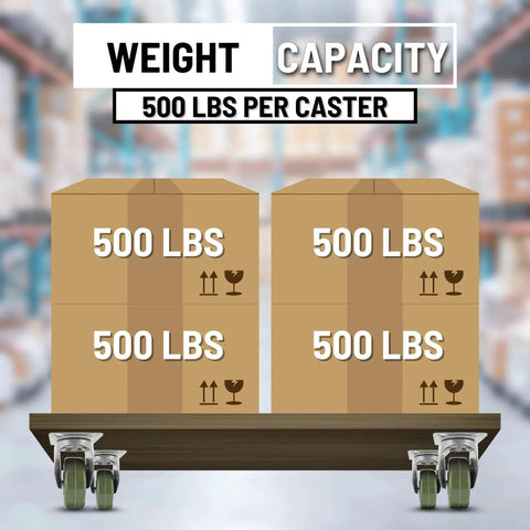 High Temperature Plate Mount Caster With Four Inch Epoxy Resin Wheel And Zinc Plated Steel Yoke Five Sixteenth Inch Precision Bearing Heavy Duty Caster supporting multiple boxes on a dolly, showing weight capacity of 500 lbs per caster.