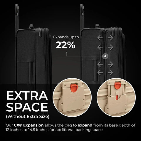 Side view of Large 29 Inch Expandable Spinner Checked Luggage For Travel With One Touch CX Compression and expansion feature details.