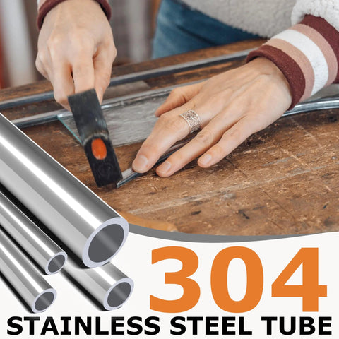 Two 5/8 in (16 mm) OD by 10 in 304 stainless steel tubes, silver metal pipes in a workshop.