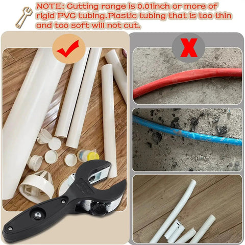 Ratcheting Tubing Cutter For Copper And Metal Pipes From Five Sixteenth Inch To One And One Eighth Inch Two In One Close Quarters PEX Cutter With Deburring Tool Compact 360 Degree Cutter For PVC Brass Aluminum Stainless Steel Includes Extra Cutter Head shown with various PVC pipes on wooden surface