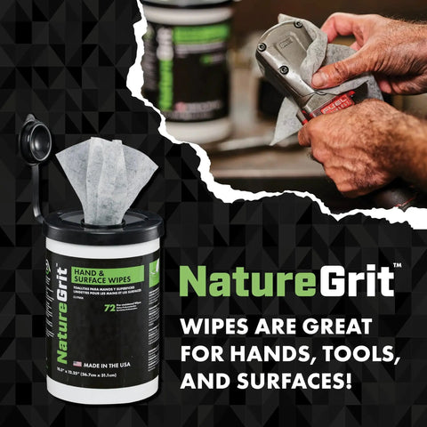 Heavy Duty Mechanic Hand And Surface Wipes Degreaser for Grease And Grime used on tools and hands, NatureGrit packaging visible