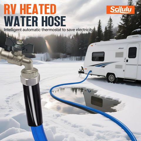 Scilulu 30ft heated RV water hose with thermostat, blue hose connected to a white camper in a snowy campsite