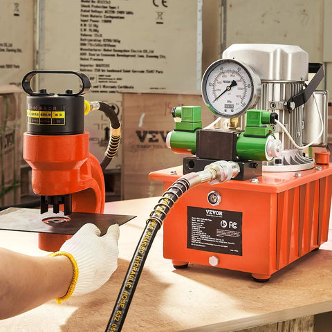 VEVOR 10000 PSI hydraulic electric pump system; orange base with gauge and two green valves, handheld pump visible