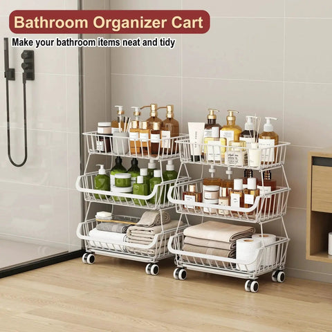 Bathroom setup with 3-tier rolling pantry cart holding toiletries, towels, and bottles, showcasing stackable wire shelving in white.