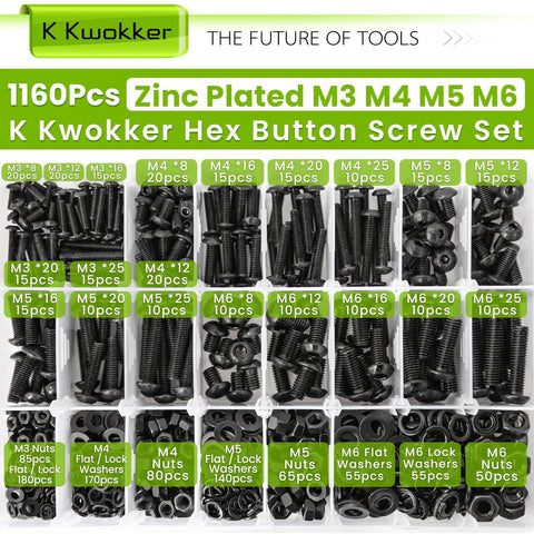 All In One 1160Pcs M3 M4 M5 M6 Nuts And Bolts Kit With Lock Washers Zinc Plated Hex Button Head Screws 12.9 Alloy Steel