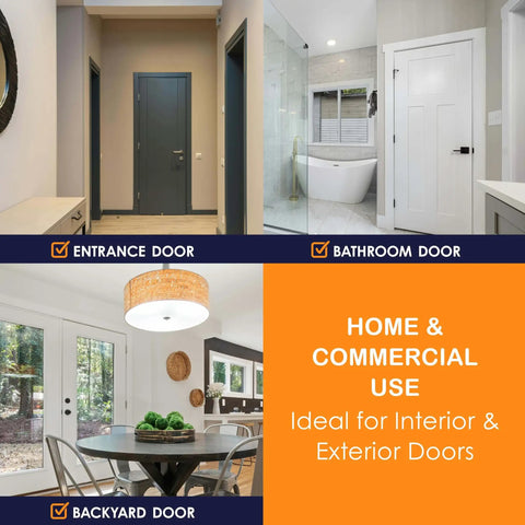 Collage showing entrance, bathroom, and backyard doors for home and commercial use with text overlay.