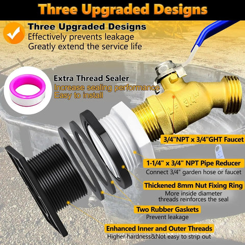 Stock Tank Drain Plug Kit Fits 50 70 100 150 300 Gallon Rubbermaid Stock Tanks With One And One Quarter Inch pipe reducer and brass faucet