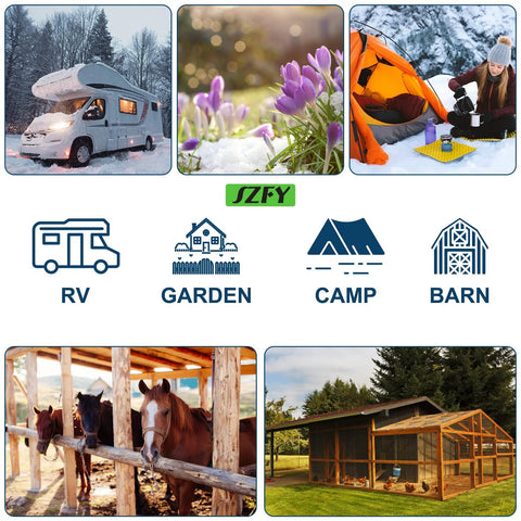 Heated water hose for RV collage of six scenes: snowy camper, garden flowers, camping; SZFY logo with RV, camp, barn icons.