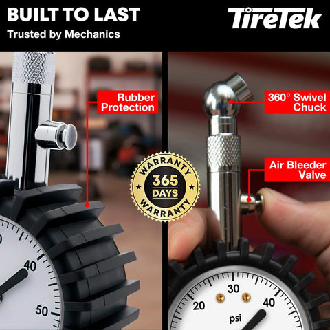 Tire pressure gauge for cars by TireTek with analog dial, chrome body, rubber protection, and 360° swivel chuck.