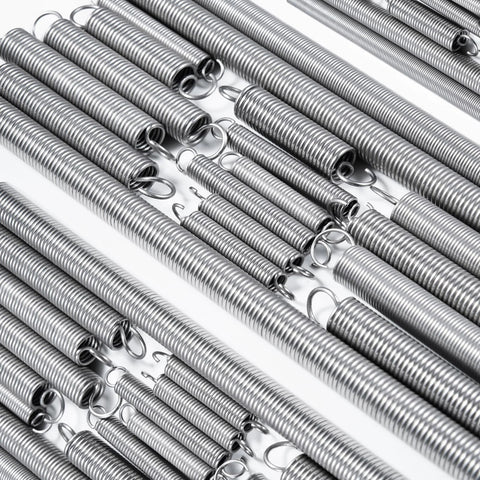 Six 2-inch stainless steel extension springs with hook ends, 0.047 in wire, 0.4 in diameter