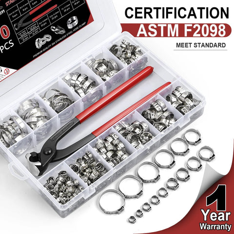Hydencamm 370‑pc stainless steel hose clamp kit in clear organizer, 15 sizes (5.3–33.1 mm), crimp pliers included