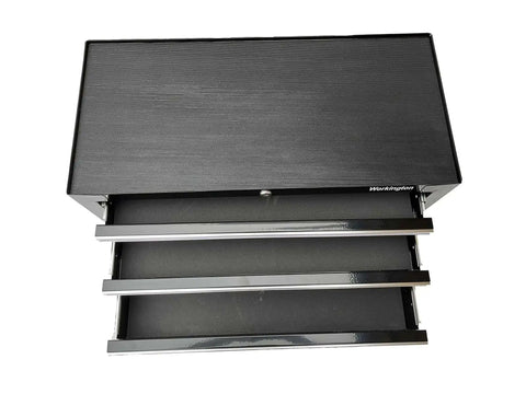 Top view of Three Drawer Portable Metal Tool Chest With Locking Cam 26 Inch Mid Size Cabinet Ball Bearing Drawer Slides Steel.