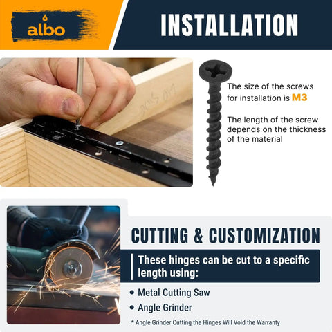 Installation of 36 Inch Matte Black Continuous Piano Hinge Stainless Steel 304 2 Pack on wooden frame with screw and cutting tools.