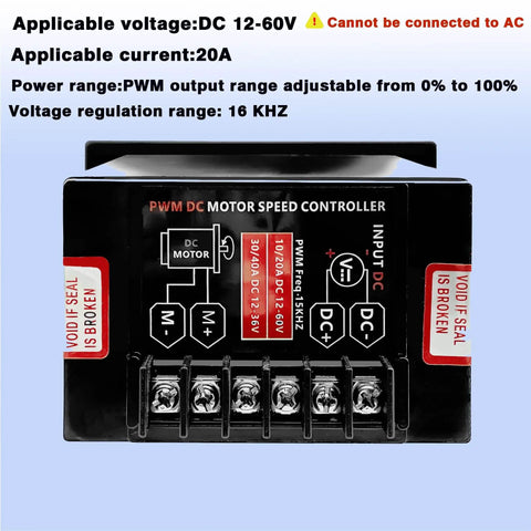 Front view of Beefy DC Motor Speed Controller 12V To 60V 20A Peak For Brushless Motors With Forward And Reverse Switch, PWM 0 To 100 Percent Speed Control, Stop Forward And Reverse One Click, Pro Grade Industrial Regulator For Precise Stable Motor Performance.