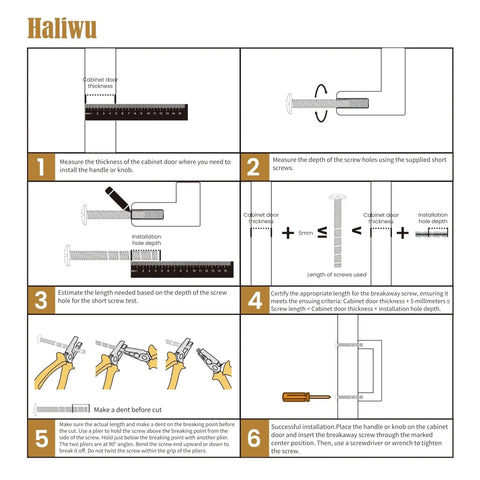 10 Pack Cabinet Knobs In Brushed Nickel And Gold Finishes, installation guide showing measurement and drilling steps, T bar pulls