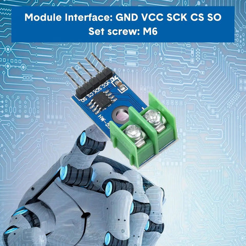 Max6675 thermocouple module with M6 set screw showcased on circuit background for Arduino and Raspberry Pi integration.