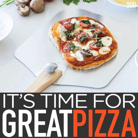Heavy Duty Aluminum Pizza Peel 12 By 14 Inch With Foldable Wood Handle Extends To 25 Inches For Oven Baking Pizza Bread Pastry Dough Cake Spatula OUII with a pizza on it