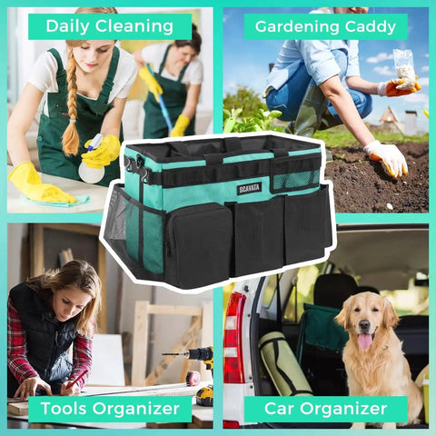 Wearable Cleaning Caddy Organizer With Handle And Adjustable Straps in use for daily cleaning, gardening, tools, and car organization.