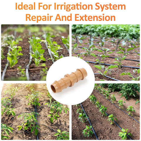 Copadri 25-piece drip irrigation fittings collage; tan plastic 1/2 inch barbed couplers with tubing in garden beds