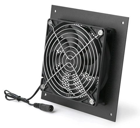 Ultra Quiet 120mm Cabinet Fan System with Power Adapter and 10 Speed Control, black fan on metal panel, 6.3 by 6.3 inches