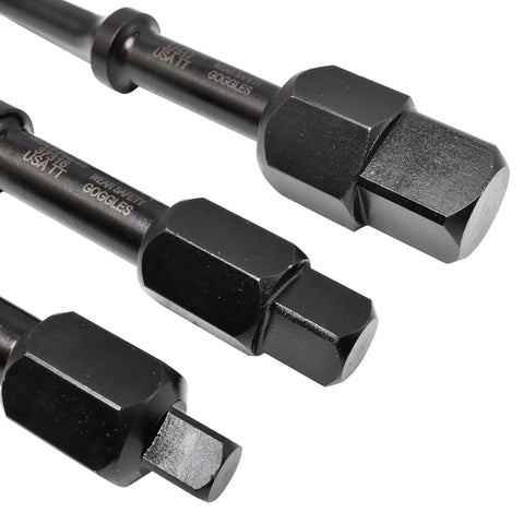 Close-up of 3 Piece Pneumatic Bolt Breaker Set For Air Hammer, USA Made, showcasing black oxide finish and versatile 19mm drive.
