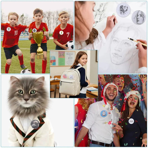 58mm button maker blanks collage showing DIY pins on kids' soccer team, classroom backpack, art sketch, cat wearing vest, and party scene