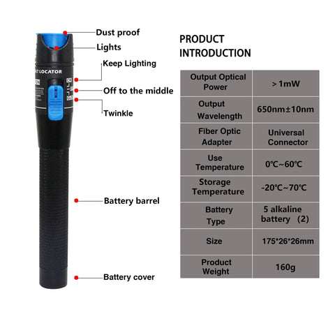 SinLoon visual fault locator pen-style fiber optic tester, black body with blue switch and red light window