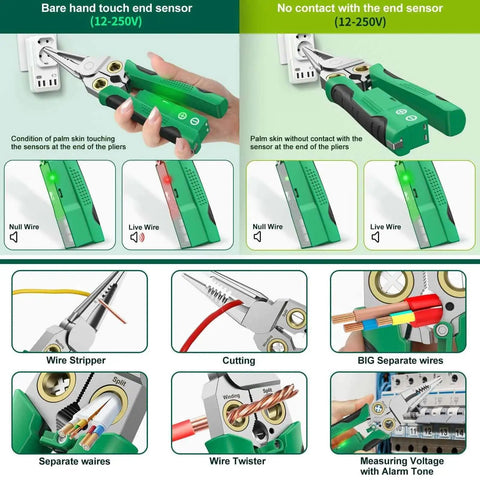 Eight In One Wire Crimping And Stripping Tool With Voltage Detector And Dual Alarms shown detecting voltage and stripping wires