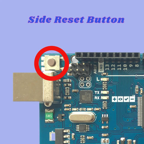 Mega 2560 R3 Arduino Board With ATmega2560 ATmega16U2 USB Serial side reset button close-up, 5V operation, 1000mA output