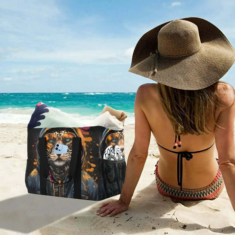 Woman on beach with Cheetah Print Large Tote Bag For Women Canvas Tote Purse Reusable Grocery Bag Top Handle Handbag Travel And Work Everyday Carry Durable Waterproof Lining Front Pocket.