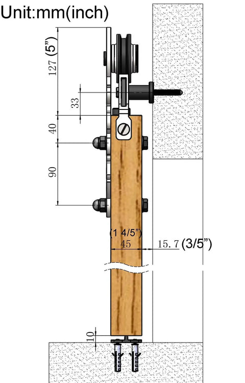 Side view diagram of Ornate Cut Roller Black Iron Sliding Barn Hardware Kit For Single Door Hardware Only, 5-foot track size.