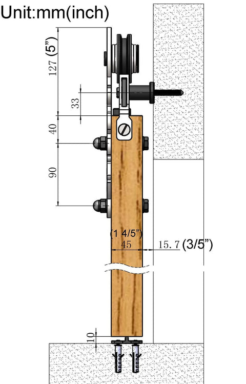 Side view diagram of Ornate Black Iron Sliding Barn Door Hardware Kit For Single Door With 5.5 Foot Track, showing dimensions.
