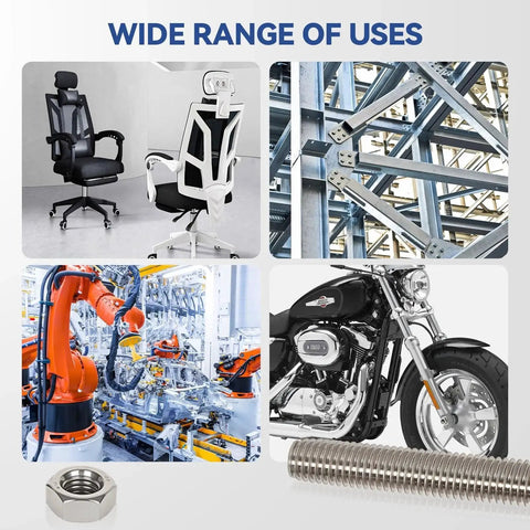 M3 Stainless Steel Threaded Rods Kit 24 Pcs 26mm With Nuts Right Hand Thread shown with applications in chairs, structures, machinery, motorcycles.
