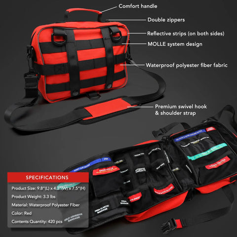 430 Piece First Aid Kit With Easy Access, Well Organized Labeled Pockets And Dedicated Bandage Area For Quick Access, Waterproof Premium Trauma Medical Kit For Home, Office, Car, Travel, Outdoor Activities, Camping, Hiking, Boating, Red, showing open and closed views with labeled pockets and reflective strips.