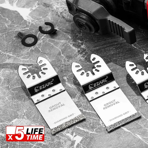 EZARC diamond grit flush cutting oscillating blade set for grout removal and mortar cleanup, 3-pack, shown on a gray marble surface.