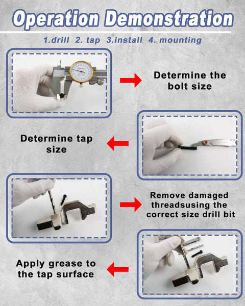 Operation demonstration for Pro Grade 263 Piece Helicoil Thread Repair Kit, showing measurement and repair steps with tools.