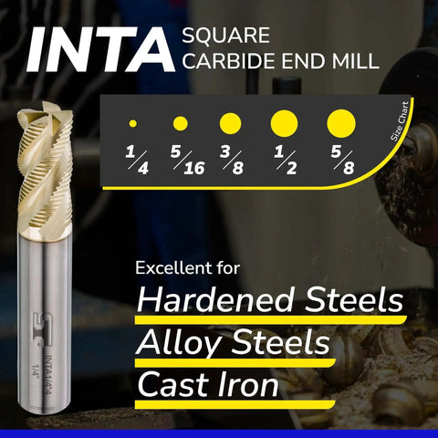Carbide Roughing End Mill For Alloy Steels And Hardened Steels With ZrN AlTiBN Coating Micro Grain Carbide Four Flute End Mill One Quarter Inch Shank Precision Metalworking Tool displayed on a chart with size options.