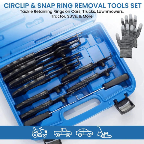 All In One Pro Grade Ring Pliers Set 10 Piece Kit in blue case with gloves, featuring internal and external circlip pliers.