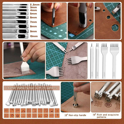 Hand tools and mats from All In One Leather Tooling Kit With Cutting And Engraving Mats For Leatherworking Pro Grade Tools For Handbag Making Including Punching Stamping Sewing Sanding And Craft Supplies For Handicraft Projects