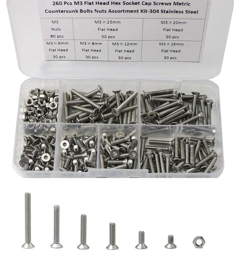260 Piece M3 Hex Socket Flat Head Countersunk Bolts And Nuts Kit made from 304 stainless steel on display in an organized case.