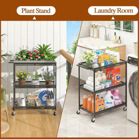 Three Tier Rolling Utility Kitchen Cart With Heavy Duty Metal Construction And Wire Shelves On Wheels shown in plant and laundry use